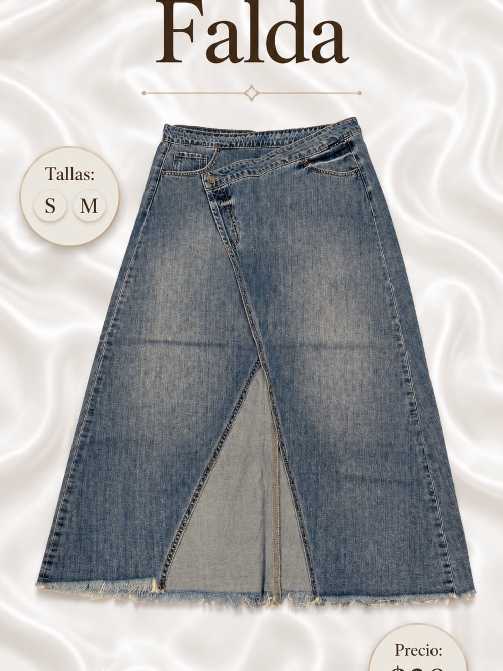 Denim Midi Skirt with Front Slit - Blue S/M